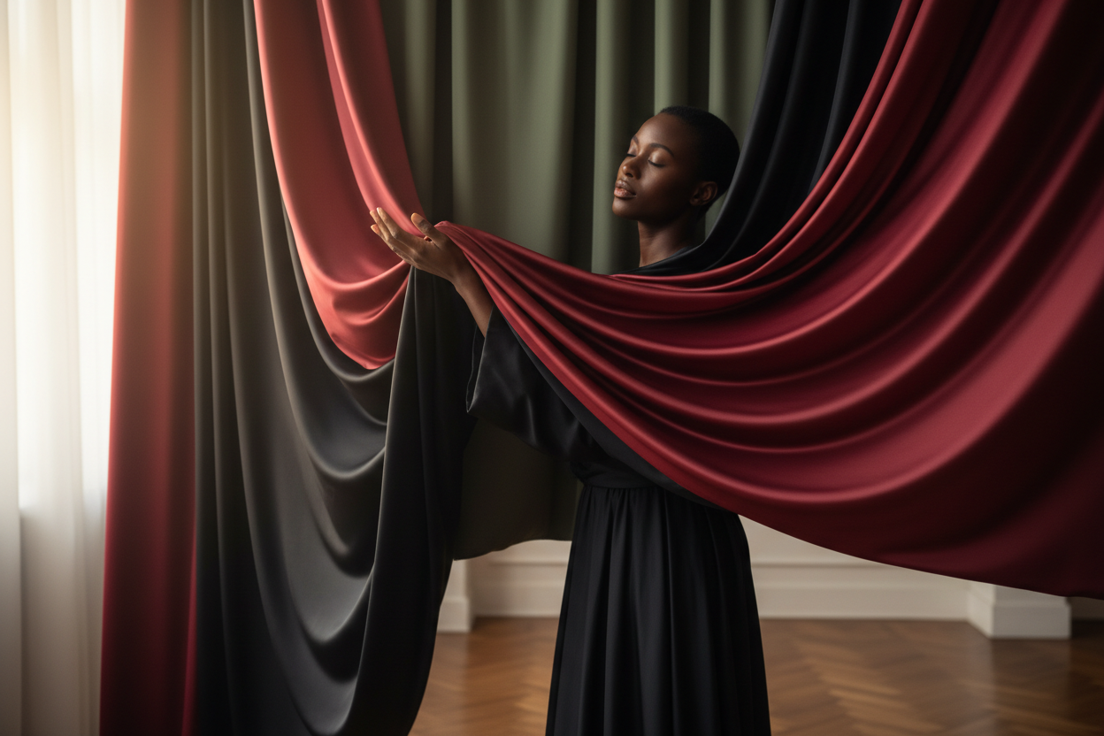 BLACK WOMAN TOUCHING SILK RED, BLACK AND OLIVE FABRICS