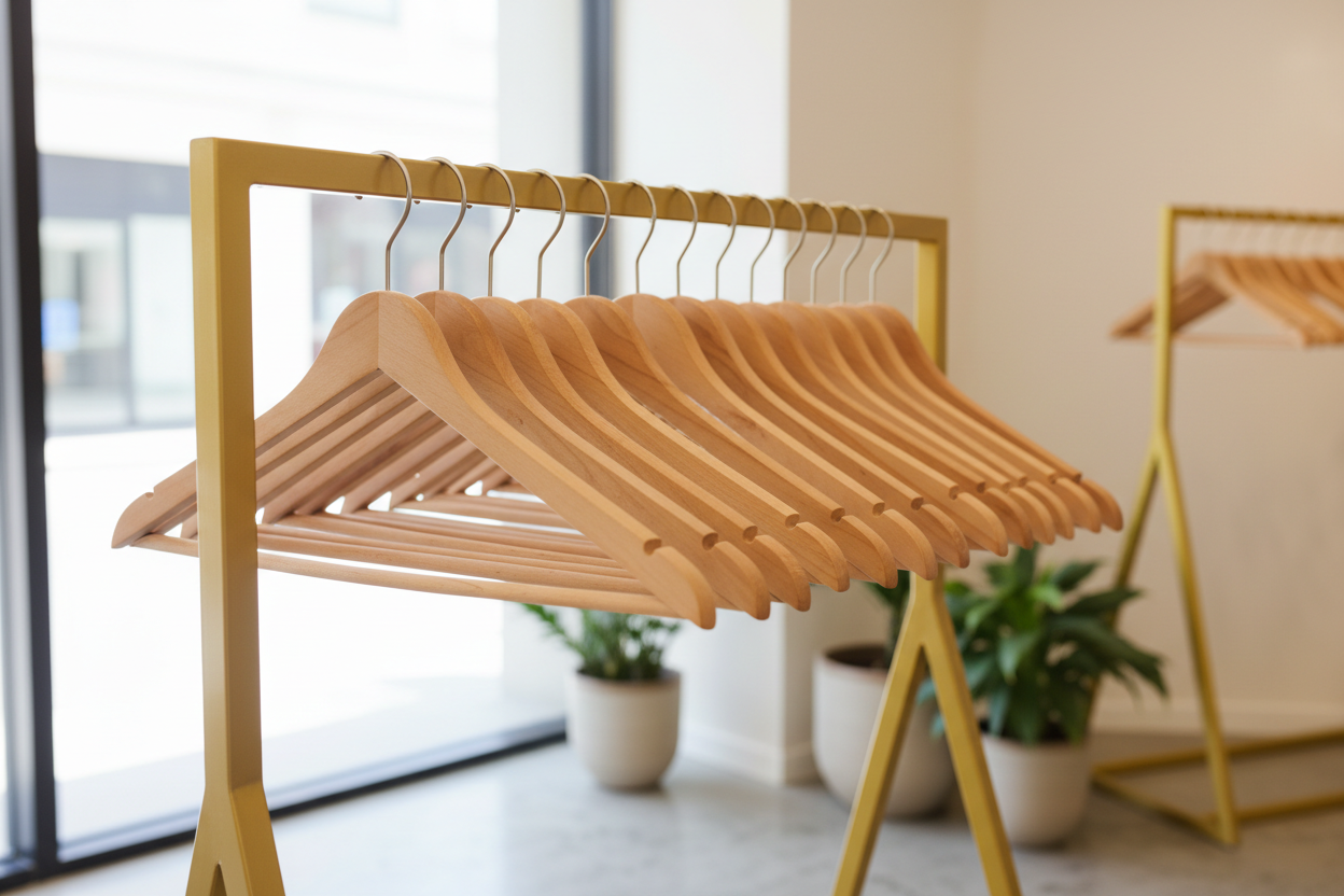 WOOD HANGERS ON GOLDING CLOTHING RACK